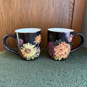 William Sonoma California Harvest Bloom Coffee Gold Rimmed Floral Mug Set Of 2